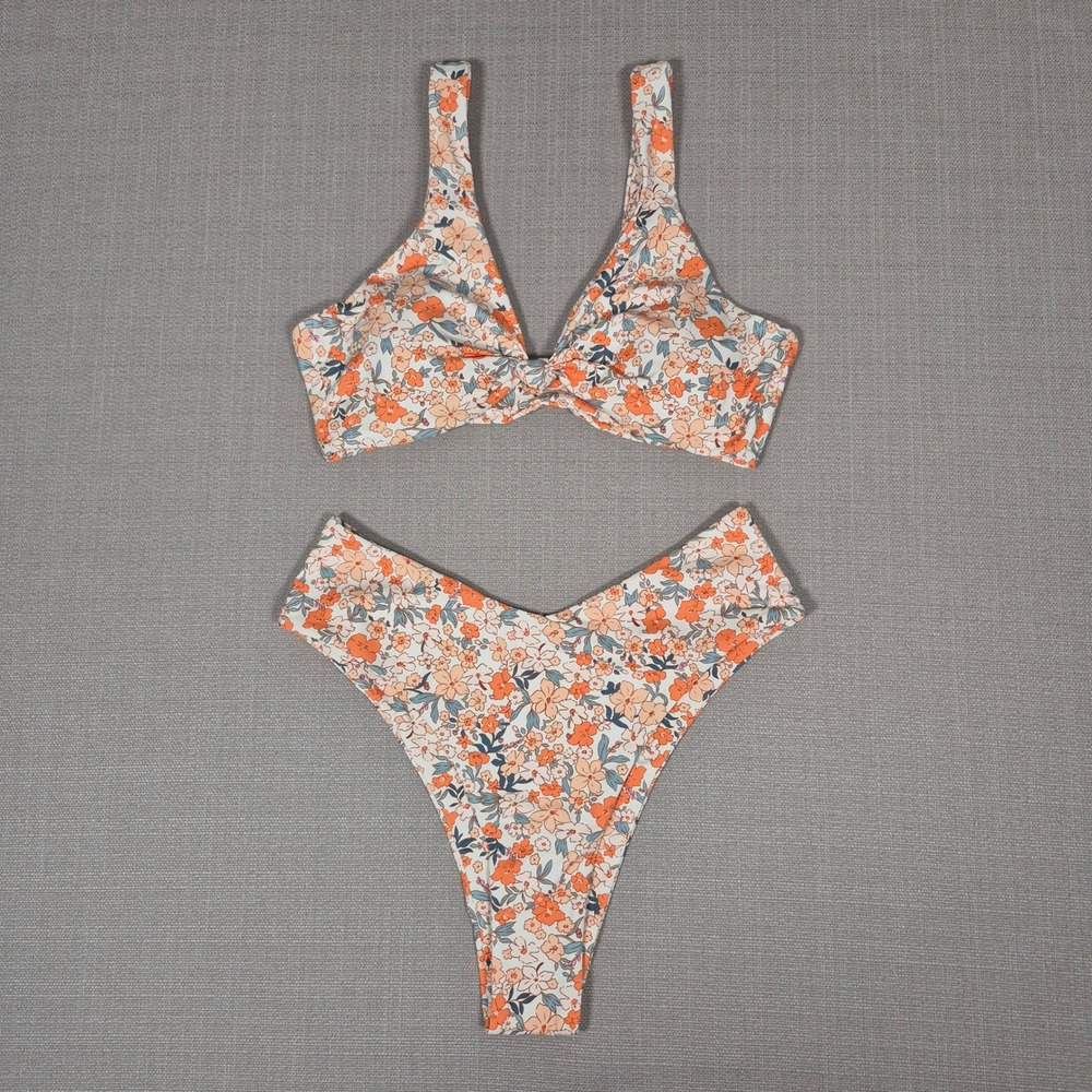 Floral Two Piece Bikini Set Orange Cream High Waist Size Small